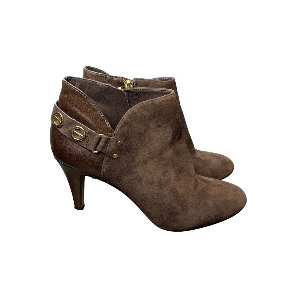 Vince Camuto Venten Brown Suede Leather Ankle Bootie Gold Zipper Buckle Heel 6.5